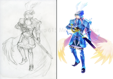 キャラ立ち絵の下絵と完成イラスト（ランリョウ）